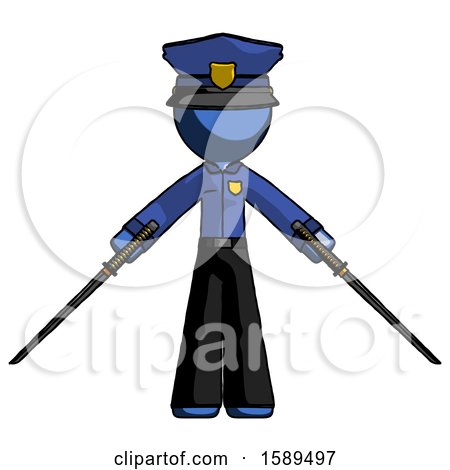 Blue Police Man Posing with Two Ninja Sword Katanas by Leo Blanchette