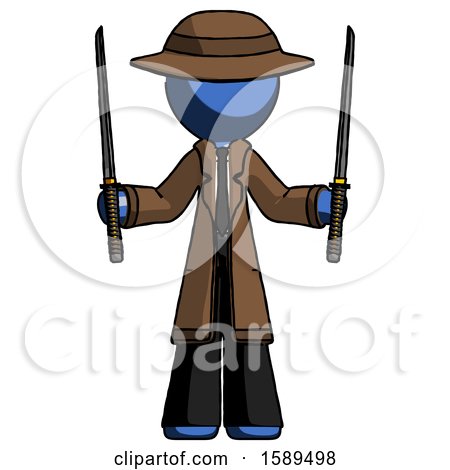 Blue Detective Man Posing with Two Ninja Sword Katanas up by Leo Blanchette