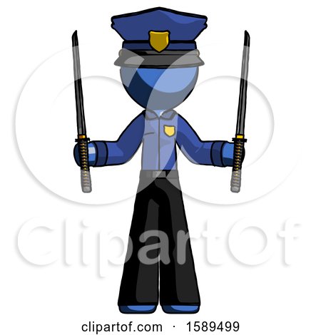 Blue Police Man Posing with Two Ninja Sword Katanas up by Leo Blanchette