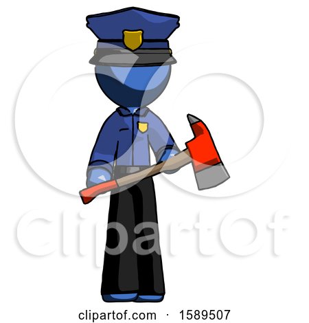 Blue Police Man Holding Red Fire Fighter's Ax by Leo Blanchette