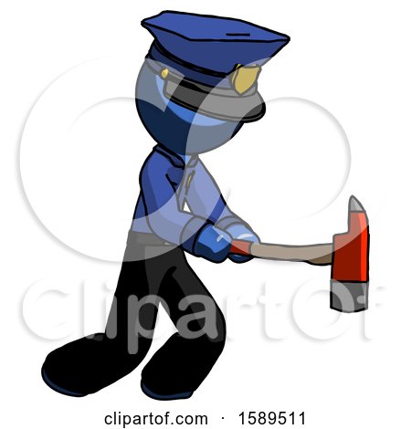Blue Police Man with Ax Hitting, Striking, or Chopping by Leo Blanchette
