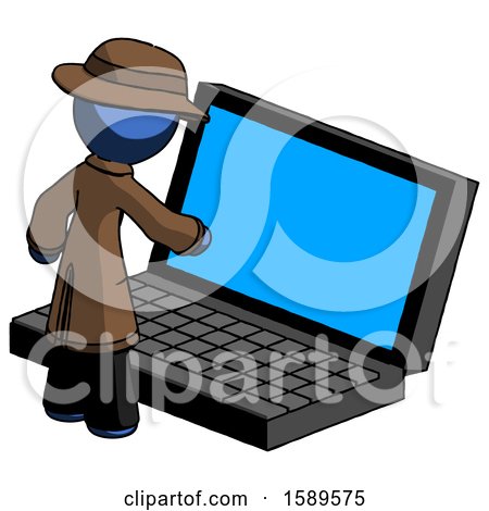 Blue Detective Man Using Large Laptop Computer by Leo Blanchette