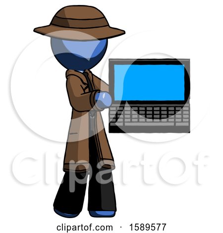 Blue Detective Man Holding Laptop Computer Presenting Something on Screen by Leo Blanchette