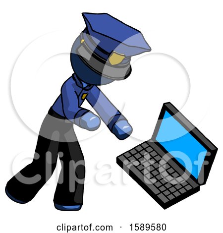 Blue Police Man Throwing Laptop Computer in Frustration by Leo Blanchette