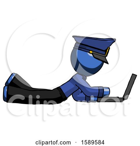 Blue Police Man Using Laptop Computer While Lying on Floor Side View by Leo Blanchette