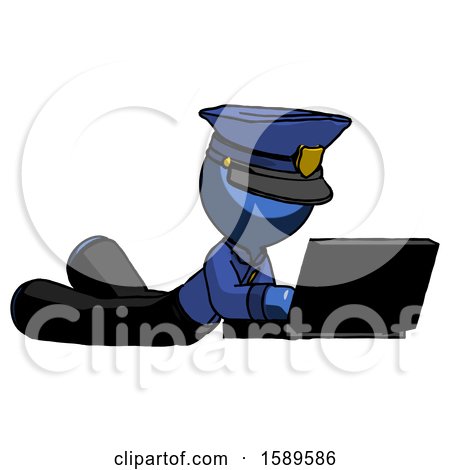 Blue Police Man Using Laptop Computer While Lying on Floor Side Angled View by Leo Blanchette