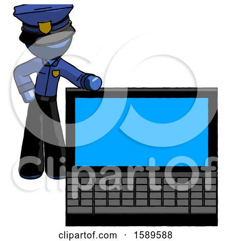 Blue Police Man Beside Large Laptop Computer, Leaning Against It by Leo Blanchette