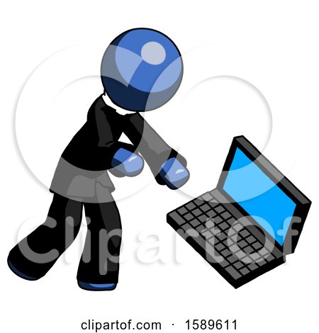 Blue Clergy Man Throwing Laptop Computer in Frustration by Leo Blanchette