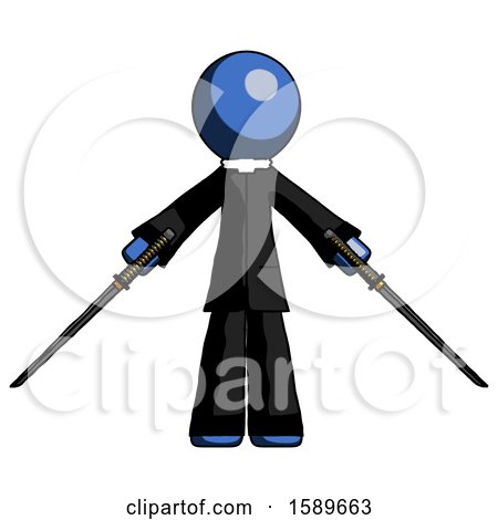 Blue Clergy Man Posing with Two Ninja Sword Katanas by Leo Blanchette