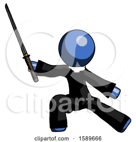 Blue Clergy Man with Ninja Sword Katana in Defense Pose by Leo Blanchette