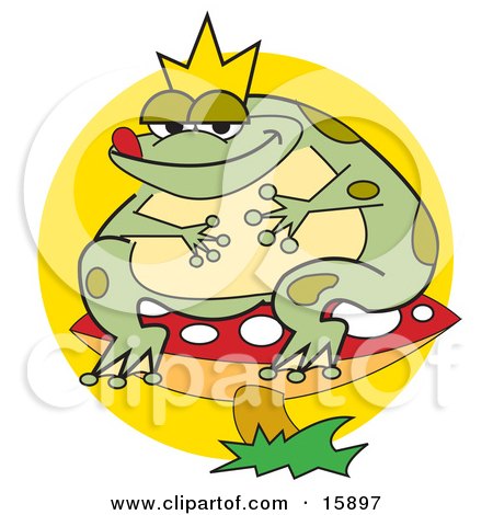 Fat Frog Prince Wearing A Crown And Sitting On A Red Mushroom With White Spots Clipart Illustration by Andy Nortnik