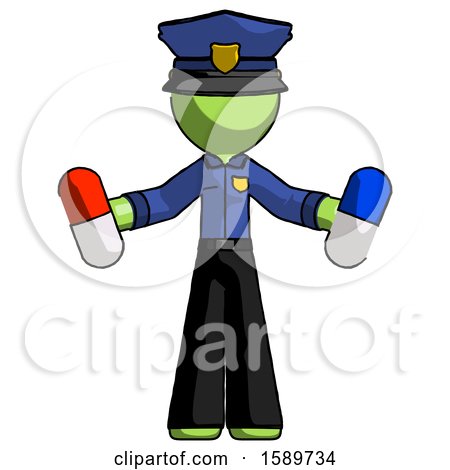 Green Police Man Holding a Red Pill and Blue Pill by Leo Blanchette