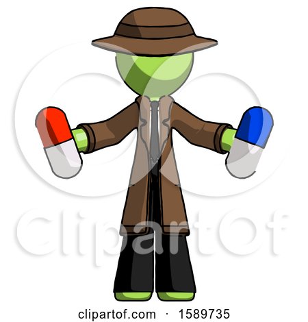 Green Detective Man Holding a Red Pill and Blue Pill by Leo Blanchette