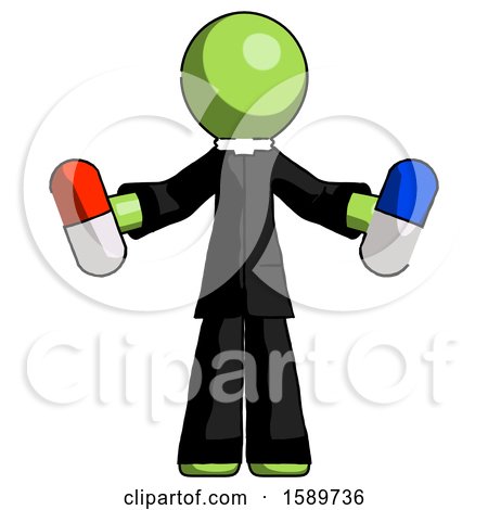 Green Clergy Man Holding a Red Pill and Blue Pill by Leo Blanchette