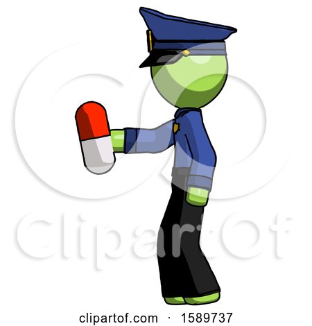 Green Police Man Holding Red Pill Walking to Left by Leo Blanchette