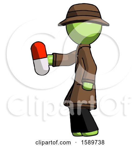 Green Detective Man Holding Red Pill Walking to Left by Leo Blanchette