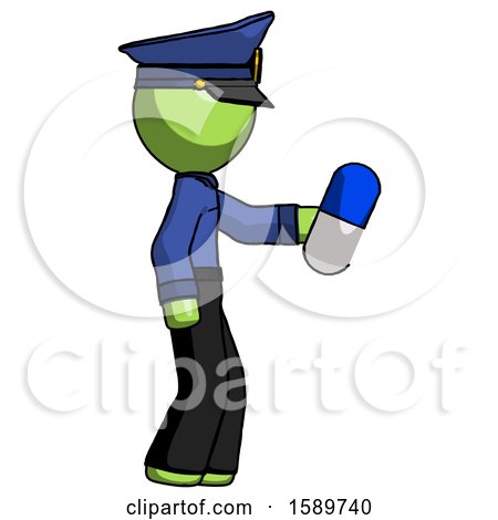 Green Police Man Holding Blue Pill Walking to Right by Leo Blanchette