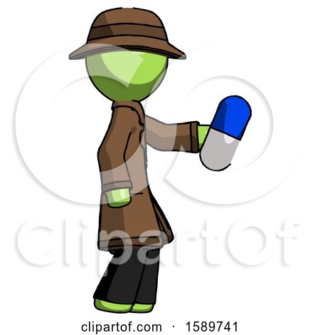 Green Detective Man Holding Blue Pill Walking to Right by Leo Blanchette