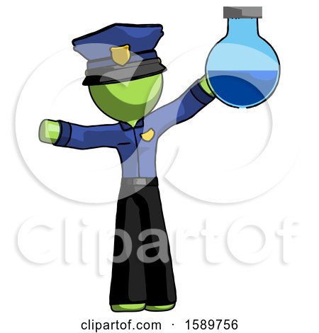 Green Police Man Holding Large Round Flask or Beaker by Leo Blanchette
