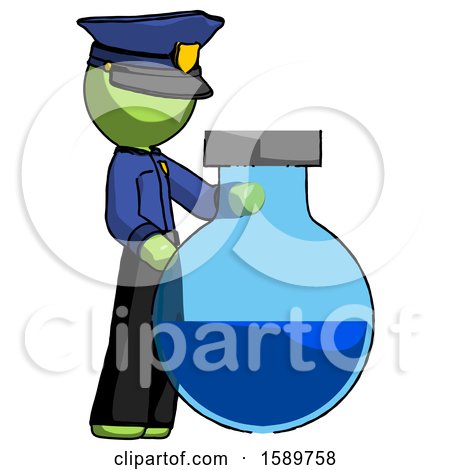 Green Police Man Standing Beside Large Round Flask or Beaker by Leo Blanchette