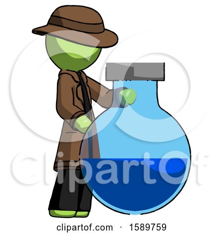 Green Detective Man Standing Beside Large Round Flask or Beaker by Leo Blanchette
