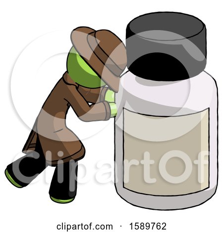 Green Detective Man Pushing Large Medicine Bottle by Leo Blanchette