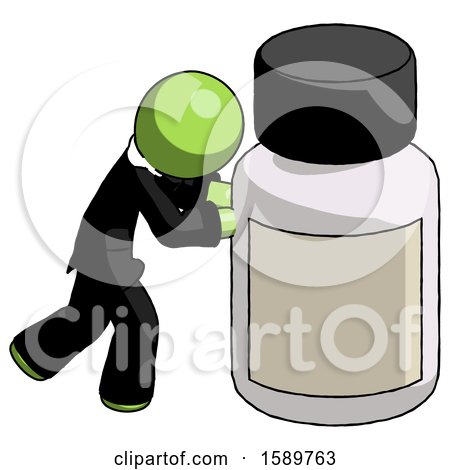 Green Clergy Man Pushing Large Medicine Bottle by Leo Blanchette