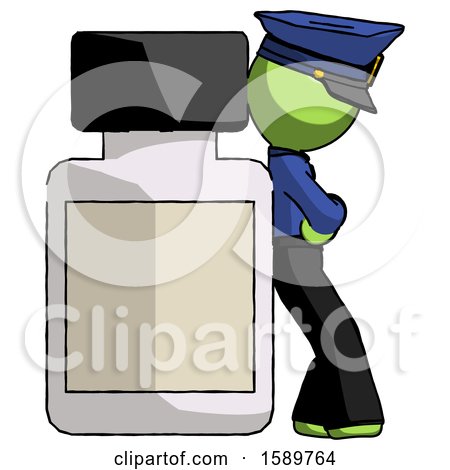 Green Police Man Leaning Against Large Medicine Bottle by Leo Blanchette