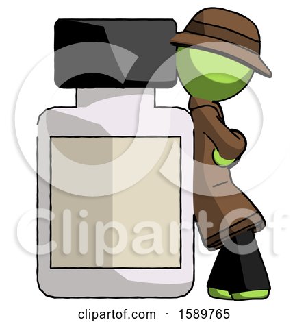 Green Detective Man Leaning Against Large Medicine Bottle by Leo Blanchette