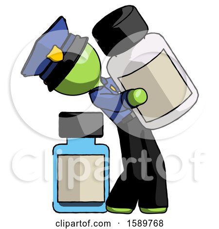 Green Police Man Holding Large White Medicine Bottle with Bottle in Background by Leo Blanchette