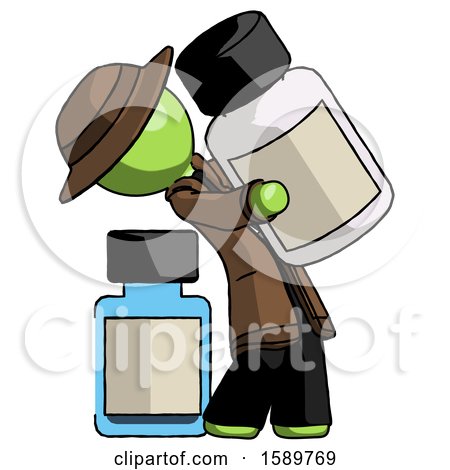 Green Detective Man Holding Large White Medicine Bottle with Bottle in Background by Leo Blanchette