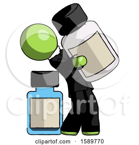 Green Clergy Man Holding Large White Medicine Bottle with Bottle in Background by Leo Blanchette