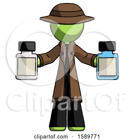 Green Detective Man Holding Two Medicine Bottles by Leo Blanchette