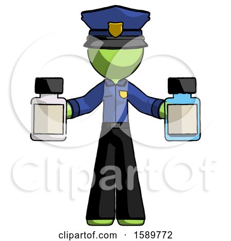 Green Police Man Holding Two Medicine Bottles by Leo Blanchette