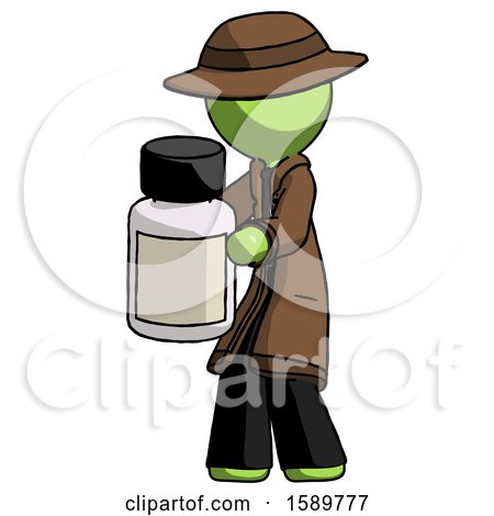Green Detective Man Holding White Medicine Bottle by Leo Blanchette