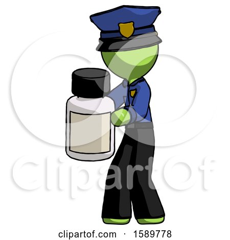 Green Police Man Holding White Medicine Bottle by Leo Blanchette