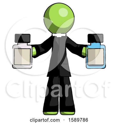 Green Clergy Man Holding Two Medicine Bottles by Leo Blanchette