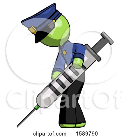 Green Police Man Using Syringe Giving Injection by Leo Blanchette