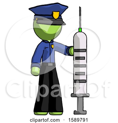Green Police Man Holding Large Syringe by Leo Blanchette
