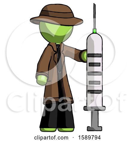 Green Detective Man Holding Large Syringe by Leo Blanchette