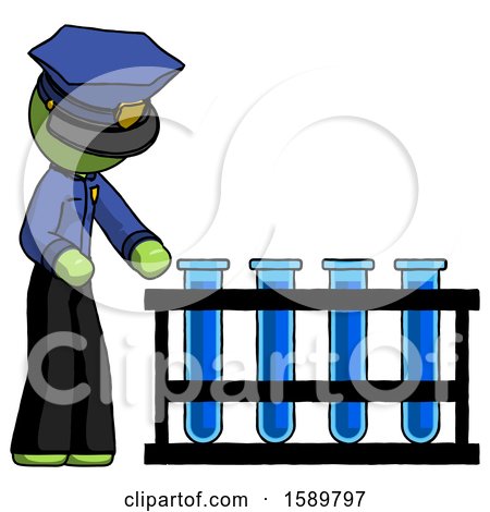 Green Police Man Using Test Tubes or Vials on Rack by Leo Blanchette