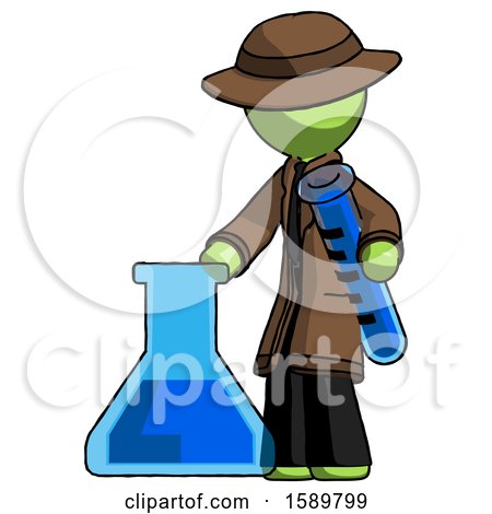 Green Detective Man Holding Test Tube Beside Beaker or Flask by Leo Blanchette