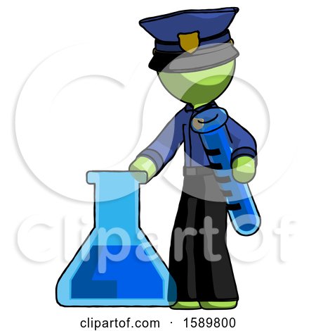Green Police Man Holding Test Tube Beside Beaker or Flask by Leo Blanchette