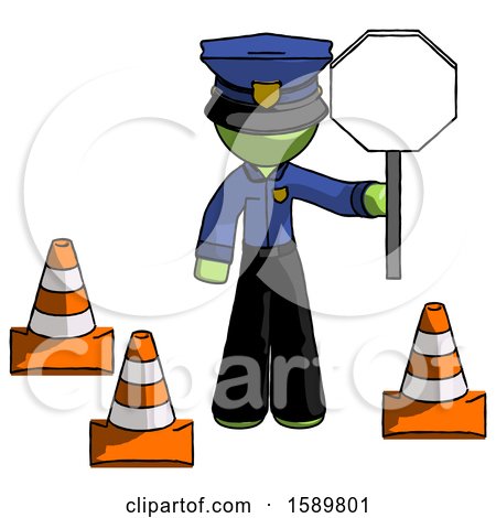 Green Police Man Holding Stop Sign by Traffic Cones Under Construction Concept by Leo Blanchette