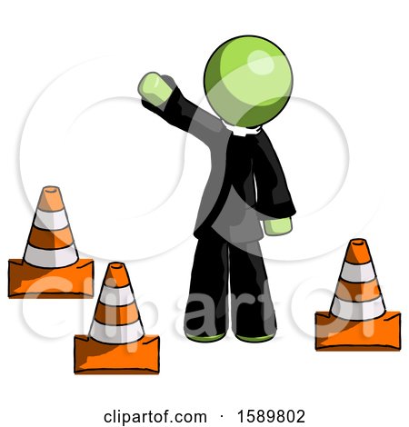 Green Clergy Man Standing by Traffic Cones Waving by Leo Blanchette