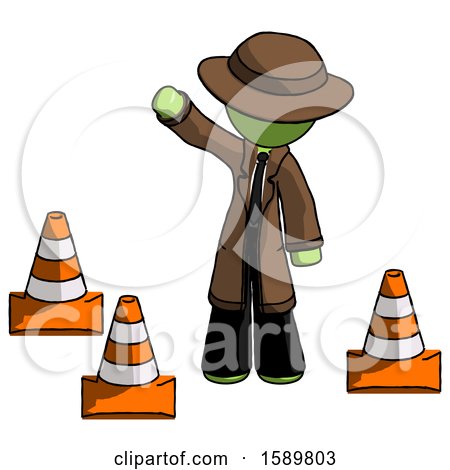 Green Detective Man Standing by Traffic Cones Waving by Leo Blanchette