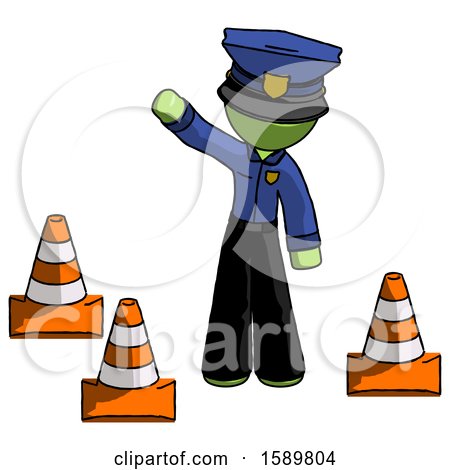 Green Police Man Standing by Traffic Cones Waving by Leo Blanchette