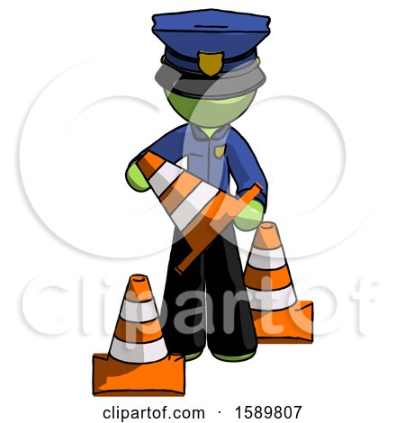 Green Police Man Holding a Traffic Cone by Leo Blanchette