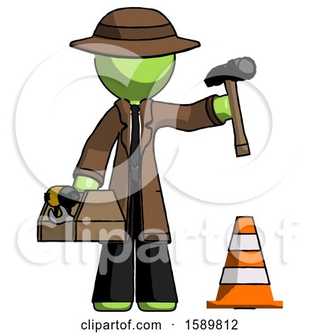 Green Detective Man Under Construction Concept, Traffic Cone and Tools by Leo Blanchette