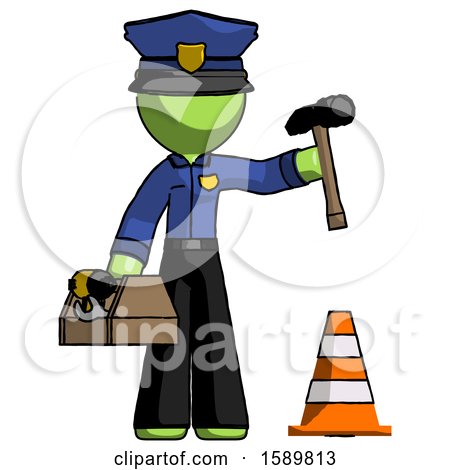 Green Police Man Under Construction Concept, Traffic Cone and Tools by Leo Blanchette